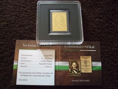 Tschad, 3000 Francs, 1/500 oz Gold, Sachsen, ''August der Starke'', mit Zertifikat