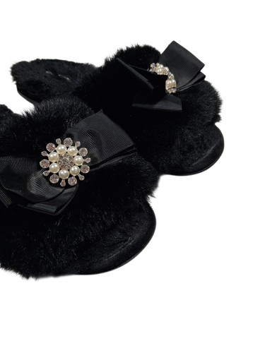 Pretty You London Anya Faux Fur Slippers Black Bow Pearl Womens Large 8 9 - Picture 4 of 9