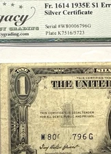 LEGACY 25PPQ 1935E 1$ OBSTRUCTED PRINTING MISSING DIGITS ERROR 6976G