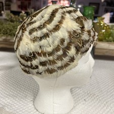 Vintage Elisa Schiaparelli Feather Skull Cap Hat 50s/60s Paris White BrownMedium