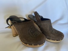 Tory Burch Womens 8.5 Brayden Clogs Brown Suede Studded Slingback Wooden Heels