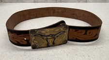Vintage Live Oak YOUTH/KIDS Western Leather Tooled Belt Longhorn Buckle Sz 28