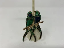 Vintage Enamel on Metal Love Birds Pin Brooch Sparkly Green Split Tail Birds