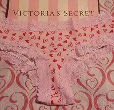 Victoria's Secret PINK Lace Trim Cheeky PINK RED HEARTS Large NWT