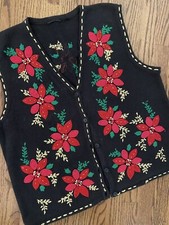 Vtg Over The Top Crazy Busy Ugly Christmas Poinsettia Sweater Vest Gold Beads XL