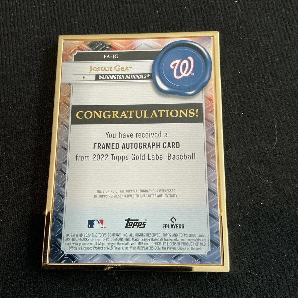 2022 Topps Gold Label Josiah Gray Gold Framed Rookie Auto #FA-JG Nationals - Image 2 of 2