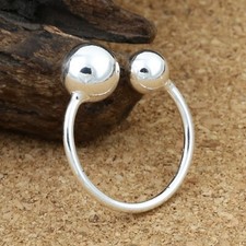 Solid 925 Sterling Silver Band Women Lucky Smooth Double Bead Ball Open Ring 2G