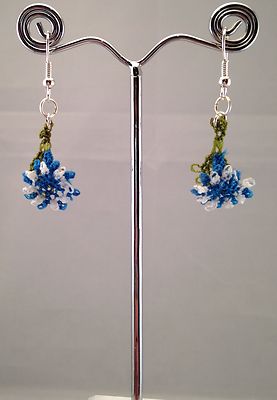 Handmade Needle Lace Crochet Dangle Earrings Blue Flowers wth Green Leaf Details