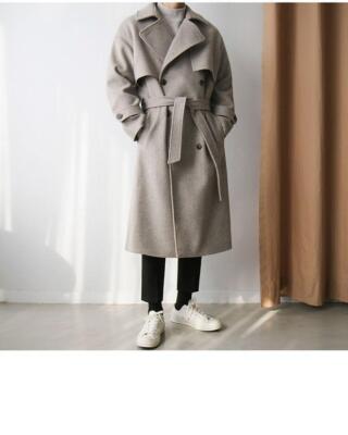 Mens Double Breasted Belted Trench Coats Wool Thick Mid Long