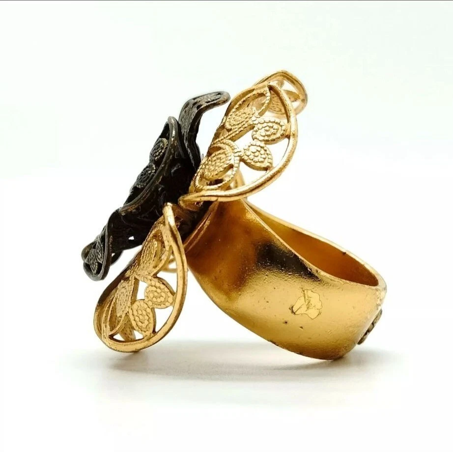 CHANEL Gold Statement Ring CC Camellia Flower Black Crystals Size 6 US Authentic - Image 4 of 4