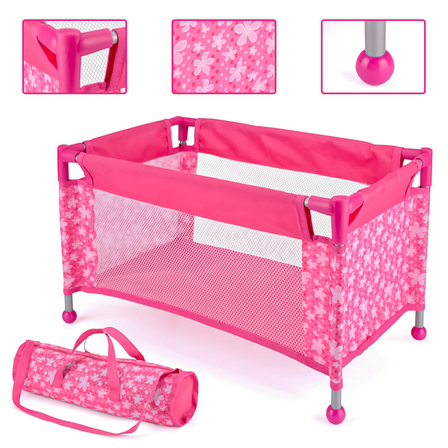 GIOCATTOLO CULLA PIEGHEVOLE 43 CM,BAMBOLA ROSA LETTINO DA VIAGGIO CON CUSTODIA COME REGALO DI NATALE