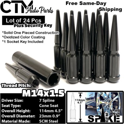 24x 4.5'' Tall 14x1.5 Black Spline Spike Lug Nut +K Fit GMC Sierra Yukon Canyon