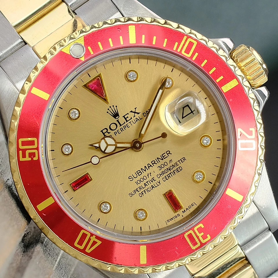 Rolex Submariner 16613 Reloj Dos Tonos Champagne Diamante Rubí Esfera Inserto Rojo 40mm Foto 2 de 4