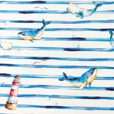 Jersey Streifen weiß blau Wal Leuchtturm maritim Stoff nähen Junge  25cm