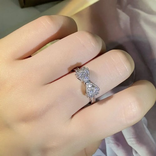 Bow Ring Statement Style for Women Silver Tone CZ Simulated Wedding Finger Band - Picture 5 of 6