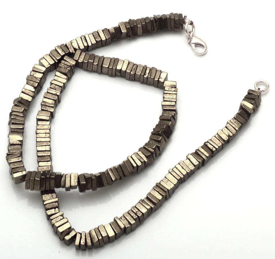 COLLAR DE PIEDRAS PRECIOSAS NATURALES PIRITA 4MM CUENTAS HEISHI CUADRADAS ACABADO 17" Foto 4 de 4
