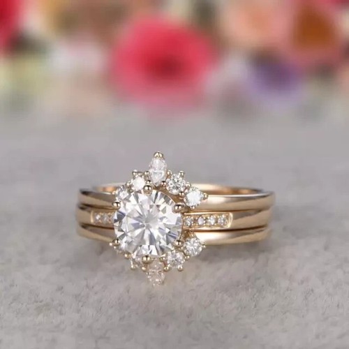 2,50 kt runder Moissanit Krappen Verlobungsring Trio Set 14 kt Rotgold plattiert - Bild 4 von 11