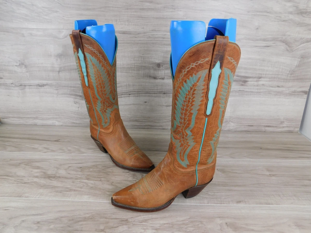 Lucchese Stitching Boots Tan Turquoise Made In USA RARE Cowgirl Women s Sz 6.5 B