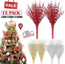 15PCS Christmas Artificial Glitter Berry Stem Xmas Tree Wreath Decor 3 Colors US