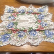 Vintage Multicolor Floral Print Lace Edge Handkerchief Doily Collectible