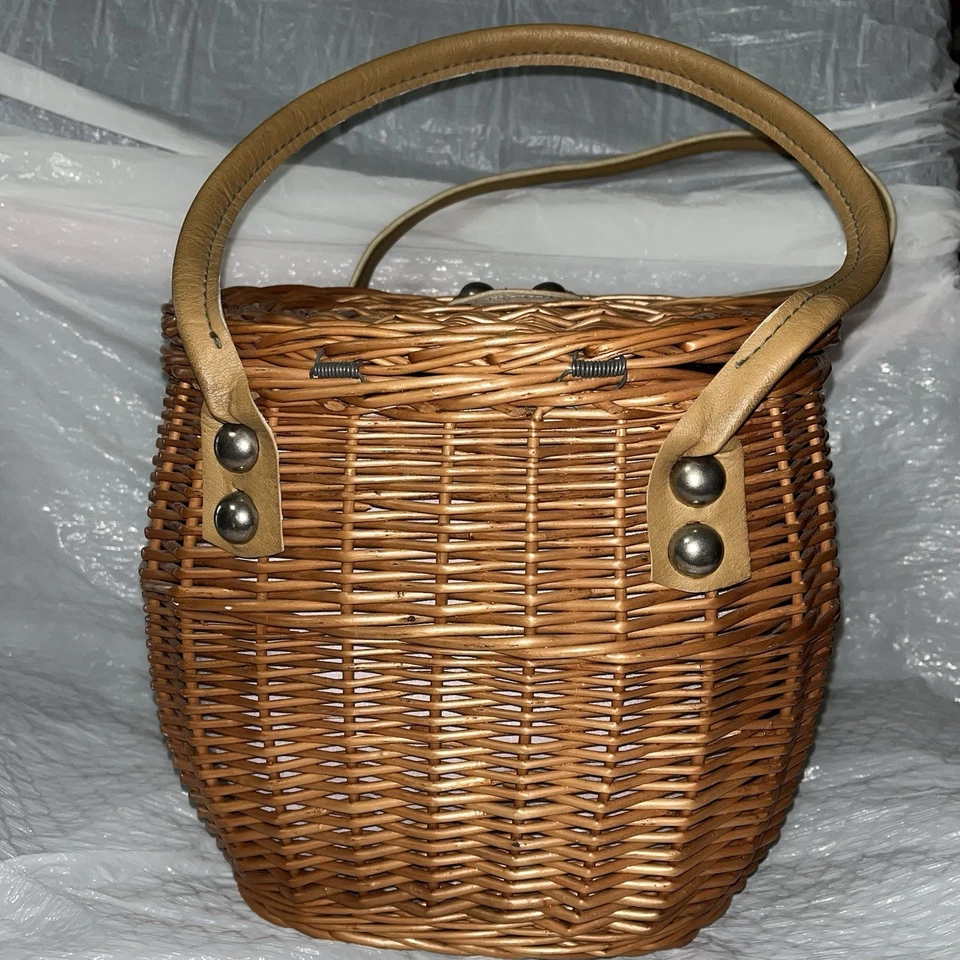 Bolsa cesta de tecido de vime vintage com forro de cetim rosa da Polônia - Imagem 2 de 4