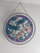 Beautiful Stainglass Suncatcher With Dragonflies And Flowers 8  VGC
