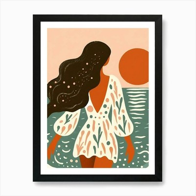 Brünette Frau am Strand Illustr Gerahmtes Wandbild Poster Leinwanddruck Bild