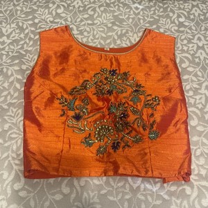 Saree Shirt Hand Embroidered Silk Orange Size M 