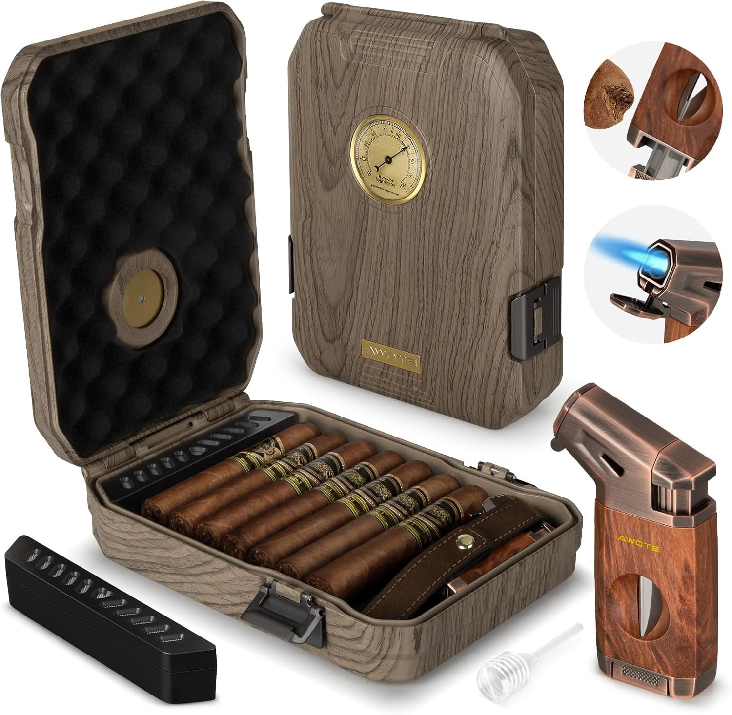 Travel Cigar Humidor Case with Cutter, Lighter, and Humidifi