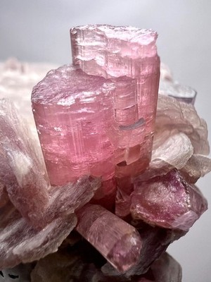 326 GM. Rare Blue Cap & Pink Tourmaline Crystals On Feldspar -  Kunar, AFG