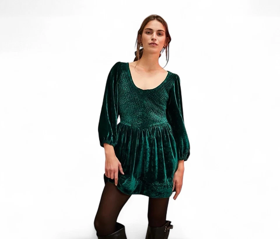 NWT Free People Farrier A-Line Vestido Mini de Terciopelo Smocked Festival Verde Grande Foto 2 de 4
