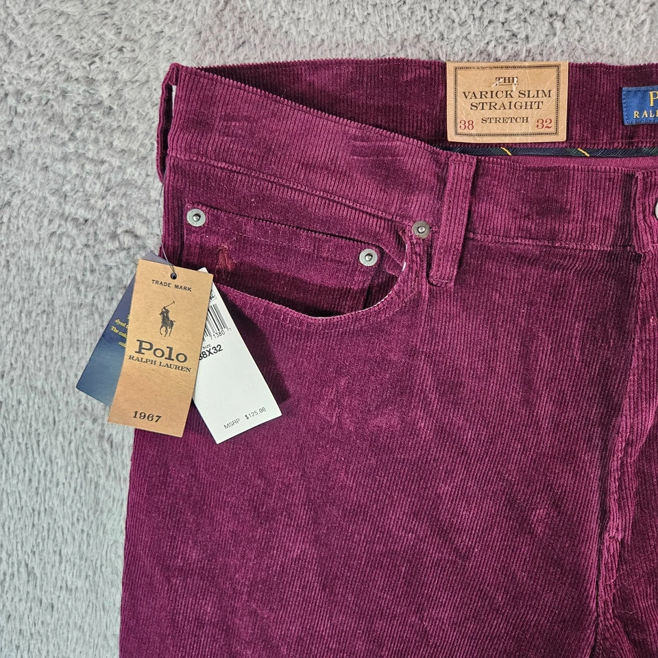 $125 NEW Polo Ralph Lauren Corduroy Pants Men 38 x32 Varick Slim Straight Red - Image 3 of 4