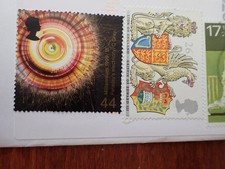 british stamps used 17p cricket, 44p Faraday, 26p lion and griffin