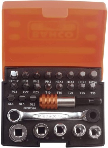 Bahco 2058/S26 Ratchet Socket Bit Set, 26 Pieces Variety Pack