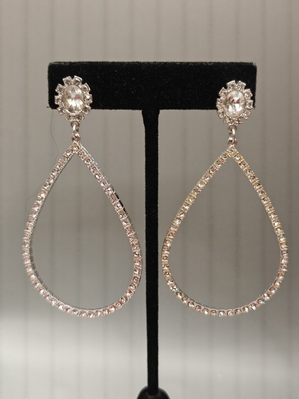 Large Silver Tone Clear Rhinestone Teardrop Hoop Hole Stud Post Dangle Earrings