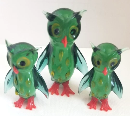 Miniature Glass Owls, Murano, Set of 3. Italian.
