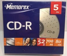 MEMOREX CD-R 5 Pack 52X 700MB 80min Recordable Compact Disc New Sealed