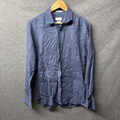 Saba Mens 100% Linen Navy Blue Long Sleeve Button Up Shirt Size Small S