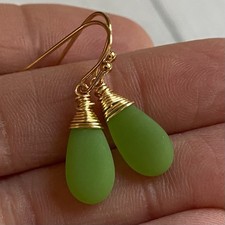 Min Favorit Apple Green Sea Glass Teardrop  Gold Pl Artisan Wrap Earrings