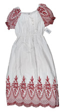 Anthro KINDRED Medium White Smocked Waist Red Embroidery Cotton Dress Lined **
