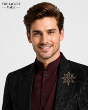 Men's Black Jacquard Tailcoat Burgundy 3 Piece Tuxedo Suit Wedding Groom Prom Fo