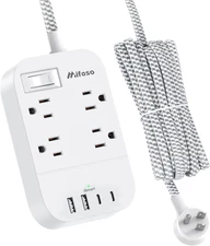 Power Strip Long Extension Cord - 10Ft Braided Extension Cord with Flat Plug, 4 