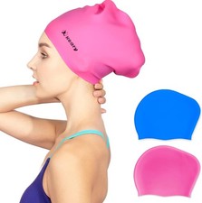 Keary 2 Pack Updated Silicone Swim Cap for Long Hair Women Girl Waterproof Bathi