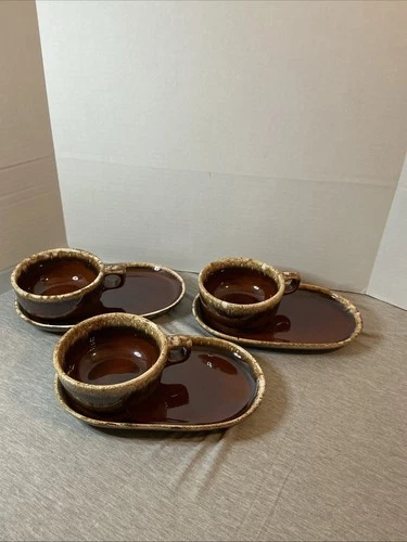 Veg Hull Pottery Brown Drip Set Of 3 Soup Mugs / Snack Trays Oven Proof
