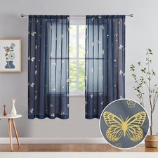 Butterfly Sheer Curtains Drapery with Gold 52"W x 63"L Pack of 2 Navy Blue