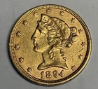 AU 1894-P $5 Liberty Head Gold Half Eagle, U.S. Type Coin Almost Uncirculated