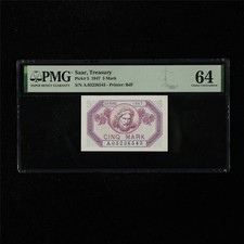 1947 Saar Treasury 5 Mark Pick#5 PMG 64 Choice UNC