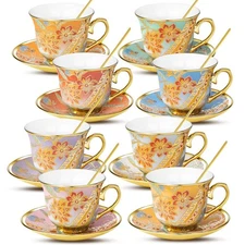 Tea Cups and Saucers Set of 8, 8 OZ Floral Tea Cup with Saucer, Vintage Tea C...