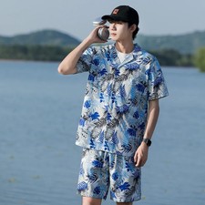 Summer Men Casual Sports Suit Printed Short-sleeved T-shirt Shorts Two-piece Set