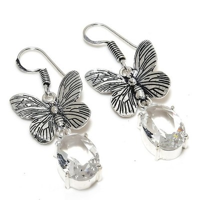 White Topaz Gemstone Handmade 925 Sterling Silver Jewelry Earring Size 1.9''